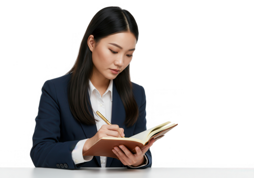 Asian woman writing in a notebook for business planning at a desk isolated on transparent background - Powered by Adobe
