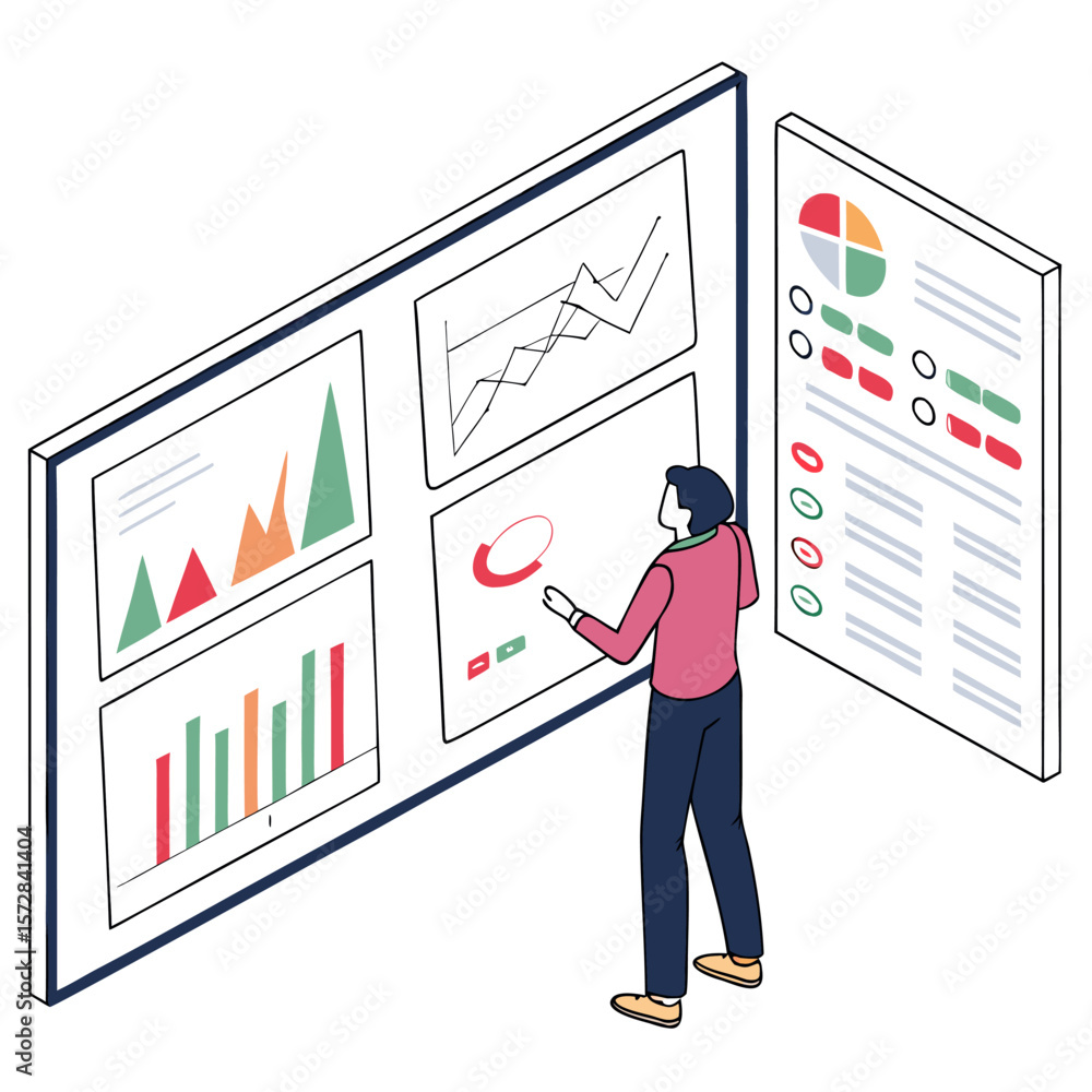 Poster a person analyzing data presented on multiple screens with charts graphs and a pie chart on a separa