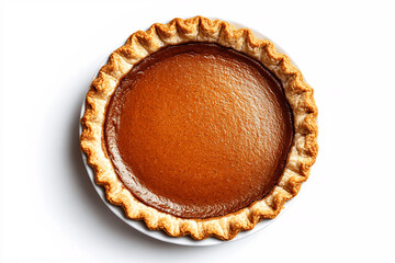 Homemade pumpkin pie on clean white background, isolated food image with natural color and detailed crust texture