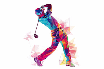 Colorful Golf Swing: Dynamic low-poly illustration of a golfer executing a powerful golf swing, vibrant colors and geometric shapes.