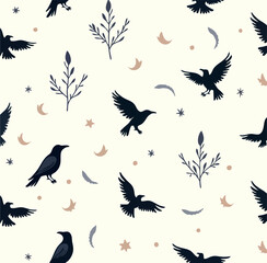 Seamless Pattern of Stylized Crows with Moons and Leaves – Minimal Dark Vector Background