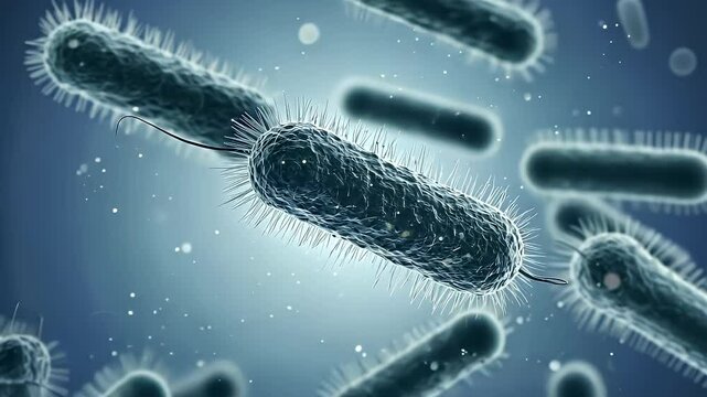 Microscopic View of Bacteria with Flagella in Blue Fluid Science Concept