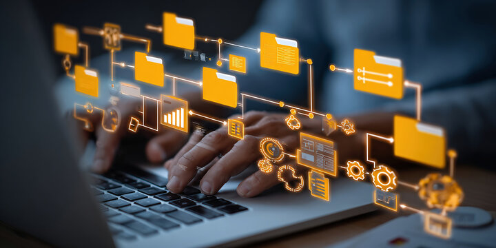 Folder hierarchy structure and document management system DMS. Businessman using laptop computer for saving and classifying files.