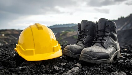 Industrial Equipment Arrangement with Yellow Hard Hat and Leather Boots Still Life
