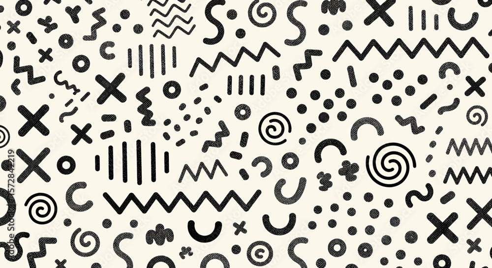 Poster high-contrast black and white abstract pattern with wavy lines, zigzags, circles, spirals, and amorp