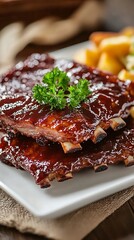 Close up of delicious barbecue ribs with french fries, and a parsley garnish