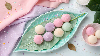 A delightful assortment of pastelcolored chocolate truffles rests on a leafshaped plate, surrounded by sprinkles