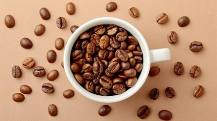 Obraz premium Overflowing white cup filled with roasted coffee beans against a soft beige backdrop