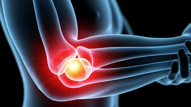 3D Animation Illustrating Human Elbow Joint Pain: Medical Visualization of Injury, Inflammation, and Arthritis with X-Ray Transparency Effect