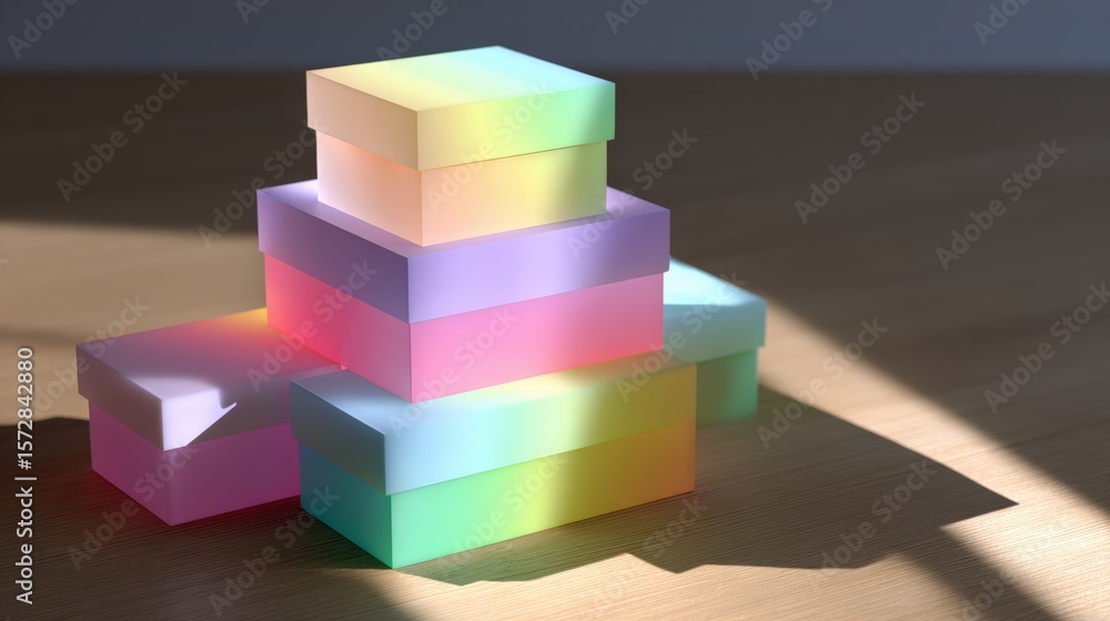 Poster four colorful cubes stacked vertically on a wooden table with soft natural lighting.