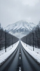 Fototapeta premium Serene Winter Road Landscape – Snow-Covered Trees and Mountains with Street Lamps