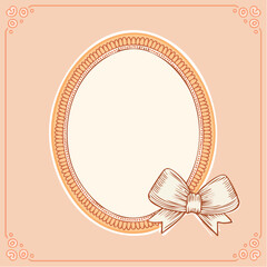Cute oval shaped vintage frame with bow. Hand drawn coquette template for card, poster, print design. Ornate girly decoration for valentine day, wedding celebration. Line art vector