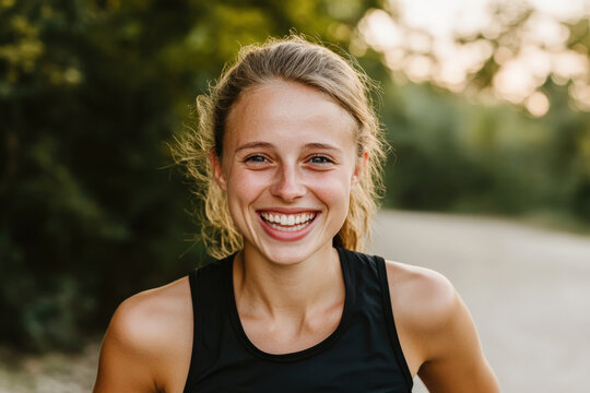 Young sporty woman smiling after exercising outdoors
