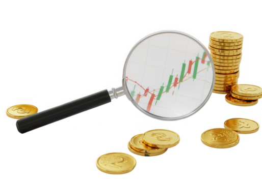 A magnifying glass examines a stock chart next to a stack of gold coins, symbolizing financial analysis isolated on transparent background