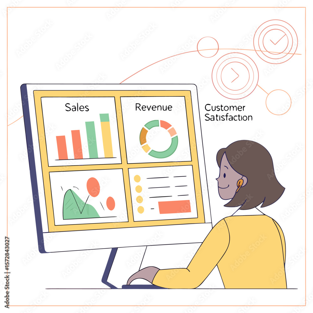 Poster illustration of a woman analyzing sales revenue and customer satisfaction data on a computer screen 