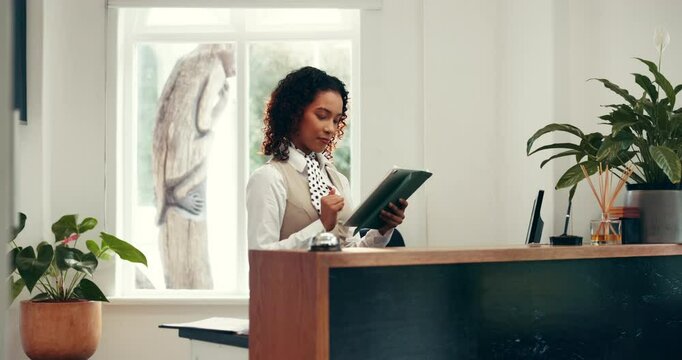Receptionist, scroll or woman with tablet in hotel for booking upgrade, checkin app or availability. Hospitality, concierge and digital tech at front desk for reservation management or online request