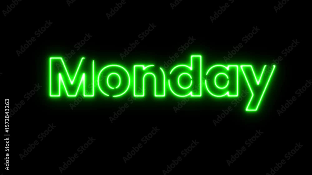 Poster monday neon text animation sliding from bottom to center on black background – glowing typography mo