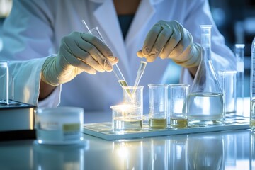 Scientist pouring liquid into beaker during experiment in laboratory