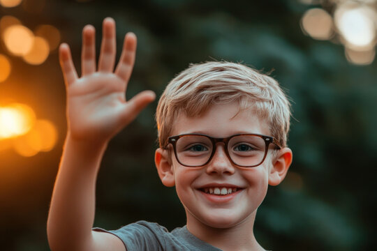 Smiling boy with glasses waving his hand in a park - Powered by Adobe