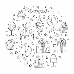 Vector set of outline party doodles. Hand drawn birthday, anniversary, carnival, festival decor. Balloons, cupcakes, gift boxes, glasses, buntnting garland illustrations in freehand style