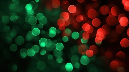 Defocused green and red holiday lights creating a festive bokeh effect on a dark background.