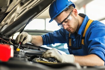 Car mechanic repairing an engine in a workshop