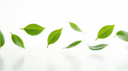 Fresh green leaves floating gracefully in air, symbolizing nature beauty and tranquility
