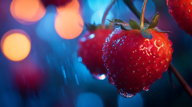 Fresh Strawberries Growing in Rain with Bokeh Lights