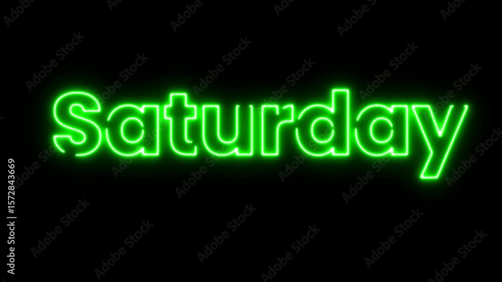Poster saturday neon text animation sliding from bottom to center on black background – glowing typography 