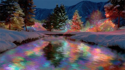 Vibrant multicolored lights reflecting on water surface at night, creating dynamic shimmering stream effect.