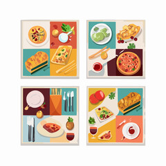 Set of abstract food posters with fruits, vegetables, cake, wine, pizza illustrations. Contemporary art prints in colorful trendy style. Dinner party wall art. Vector graphic