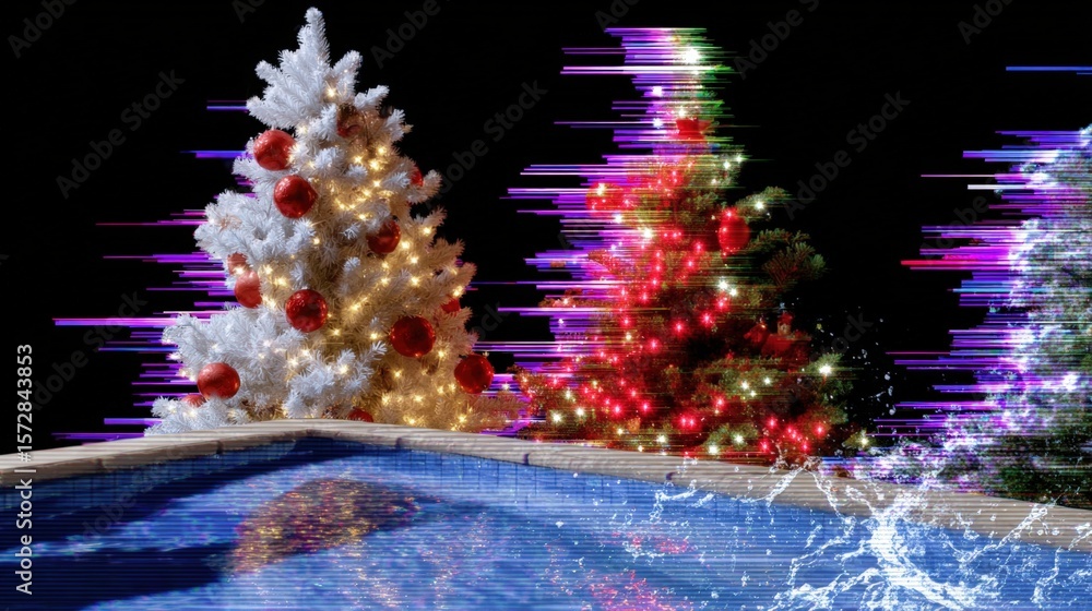 Poster three illuminated christmas trees floating in calm water at night with reflections and dark backgrou