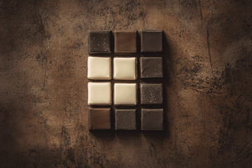 Elegant arrangement of dark, milk, and white chocolate squares on neutral textured surface with soft natural lighting