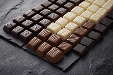 Elegant arrangement of dark, milk, and white chocolate squares on neutral textured surface with soft natural lighting