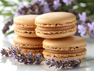 Delicious Beige French Macarons with Lavender Garnish in Elegant Setting