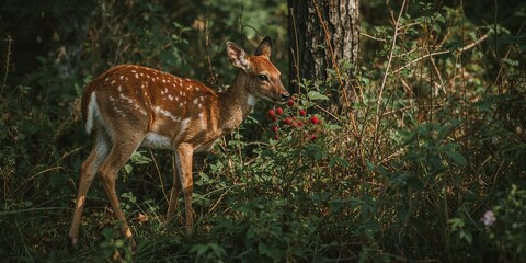 A spotted fawn eating red berries in a lush green forest with a tree trunk in the background