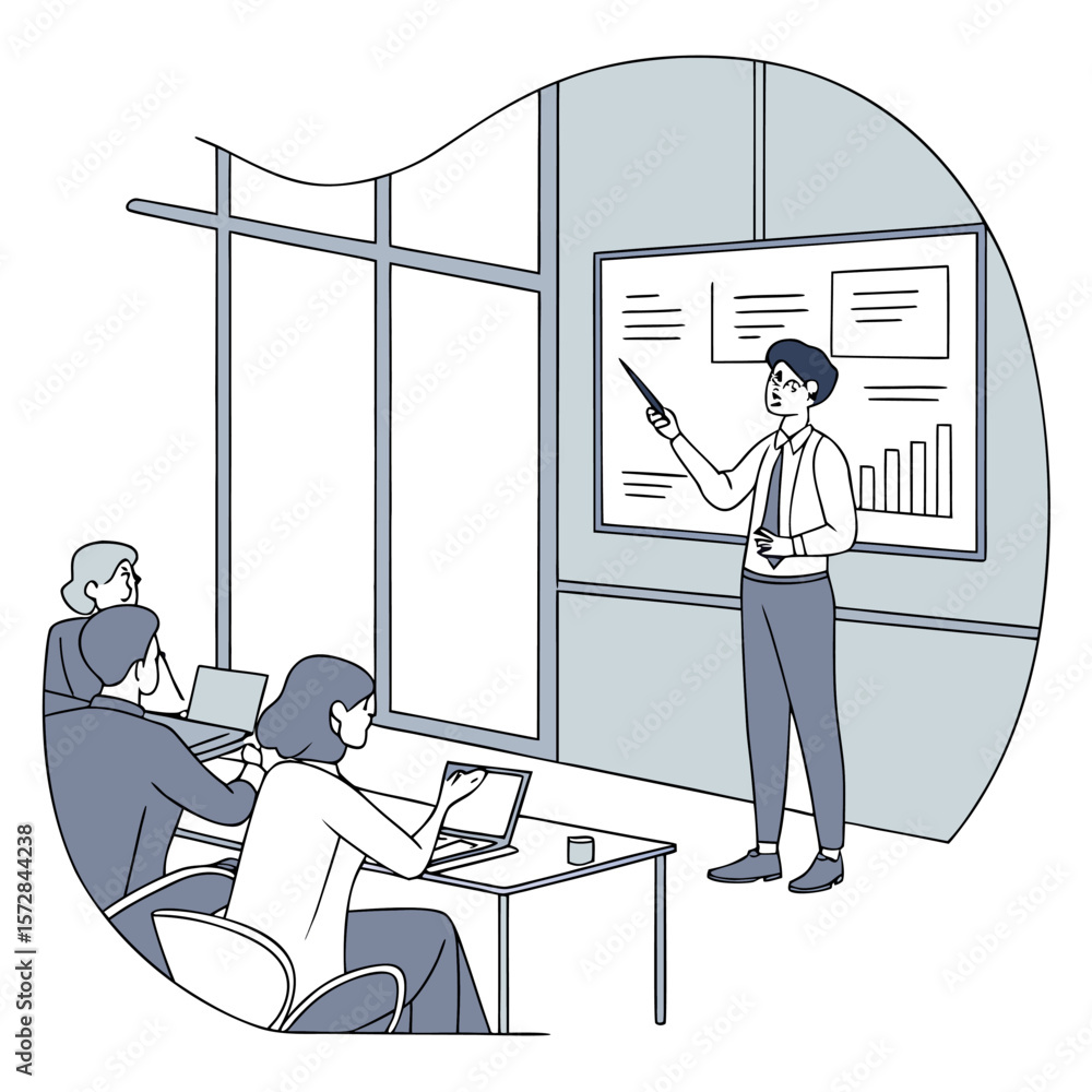 Poster a presentation in an office setting with a man pointing to a graph on a whiteboard and attendees wat