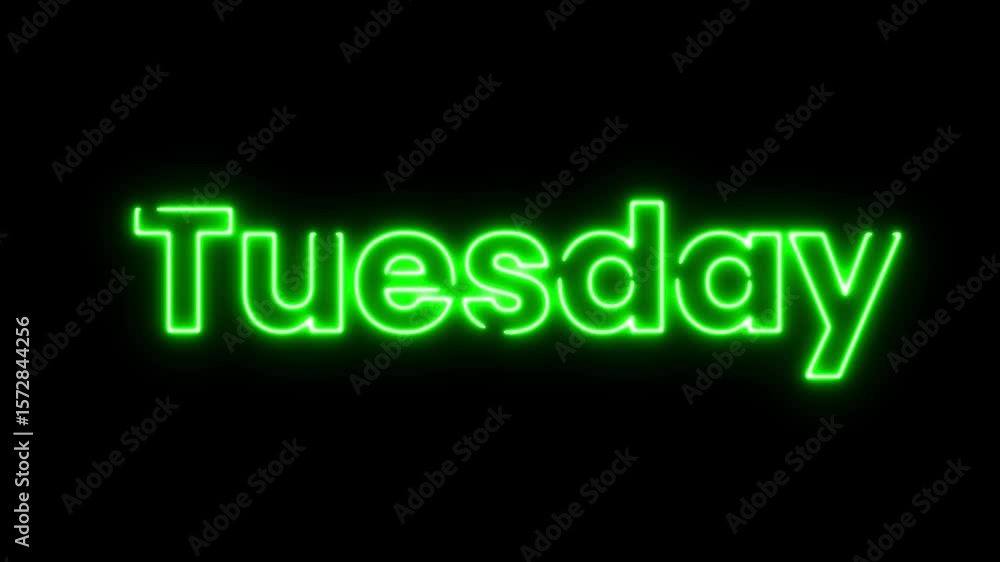 Poster tuesday neon text animation sliding from bottom to center on black background – glowing typography m