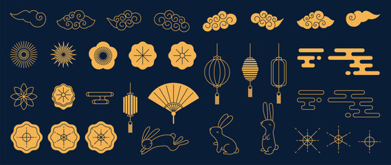 Mid Autumn Festival gold elements vector set. collection of cute rabbit, mooncake, cloud, cherry blossom, lantern, fan. Design for packaging, product, card, poster, ads.