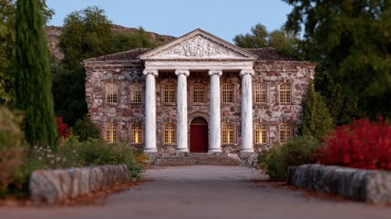 Naklejka premium Historic stone building with classical columns and a vibrant red door, daytime exterior view.