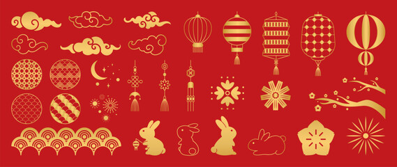 Mid Autumn Festival gold elements vector set. collection of cute rabbit, wave, star, cloud, cherry blossom, lantern, pattern. Design for packaging, product, card, poster, ads.