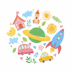 Set of colorful hand drawn doodle illustrations in kids style. Cute child scribble. Simple bright drawings of animals, rocket, car, planet, house, flowers. Childish vector background