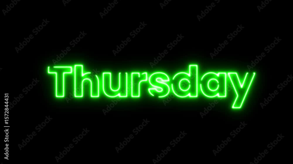 Poster thursday neon text animation sliding from bottom to center on black background – glowing typography 