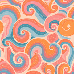 Abstract seamless swirl pattern. 60s, 70s style groovy background with waves and blobs. Psychedelic hippie texture