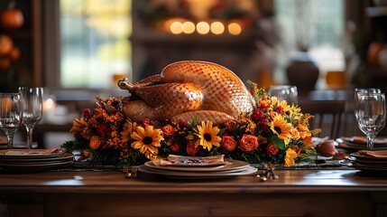 roasted turkey surrounded by autumn floral accents, evoking warmth and celebration for a Thanksgiving feast.