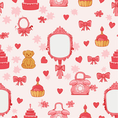 Seamless vector banner with coquette girly elements in pink and red color. Vintage mirror, cake, bear, telephone, bows in hand drawn style on background. Pattern with cute romantic accessories