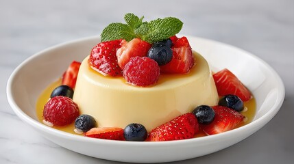 Creamy Panna Cotta Dessert with Fresh Berries and Mint Garnish on a White Plate