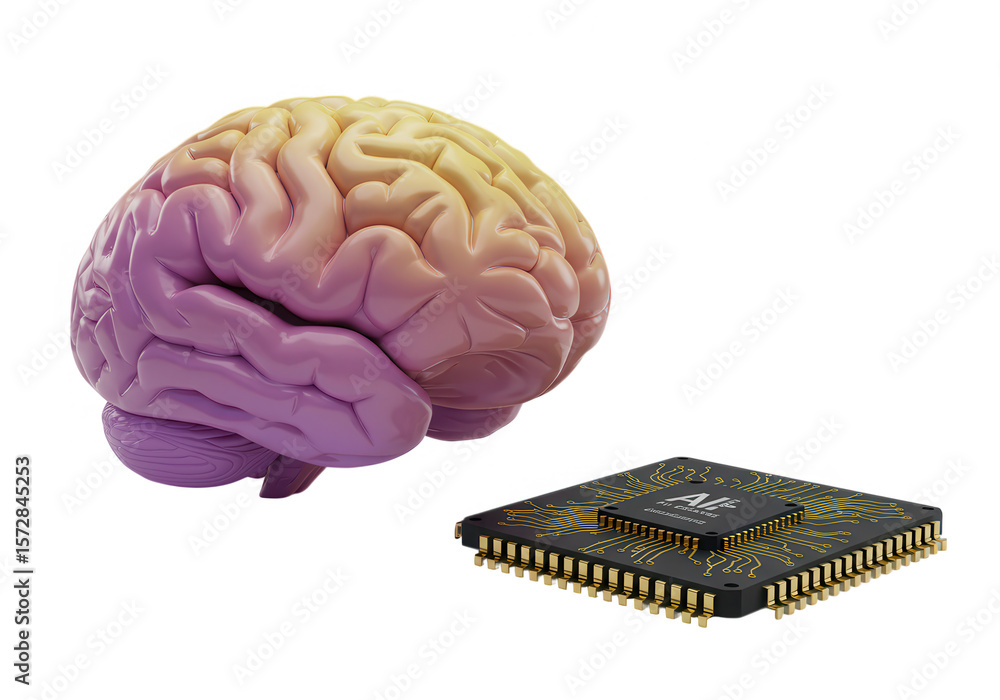 Poster a colorful brain sits beside a modern ai chip, symbolizing the fusion of human intellect and artific
