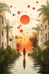 Serene Mindscape: Palm Trees and Setting Sun within a Female Silhouette