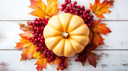 Autumn Arrangement with Pumpkin, Maple Leaves, and Red Berries on Wooden Background